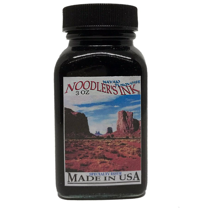 Turquoise of the Mesas - 2ml bottle of Noodler’s Ink with a Southwestern desert scene on the label and text “Made in USA.”