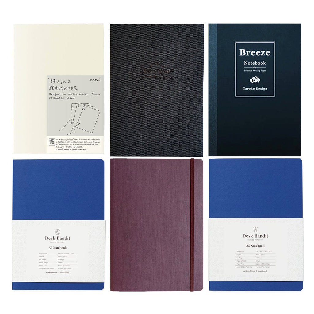 Notebooks Bundle of 8 (A5): Six A5 notebooks, showcasing various covers and brands, including MD Paper, Tomoe River, and Taroko Design, laid out in a grid.