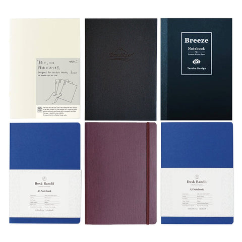 Notebooks Bundle of 8 (A5): Six A5 notebooks, showcasing various covers and brands, including MD Paper, Tomoe River, and Taroko Design, laid out in a grid.