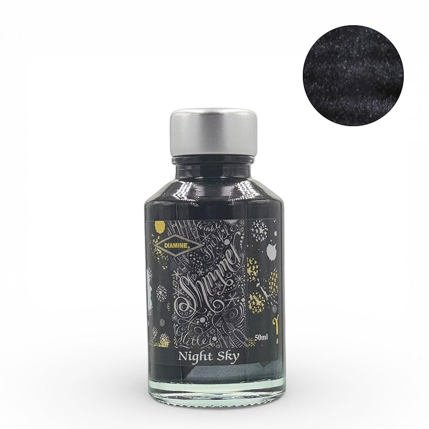 Diamine Shimmertastic Night Sky fountain pen ink, 50ml glass bottle, deep black with silvery shimmer, star-themed label, safe for vintage pens.