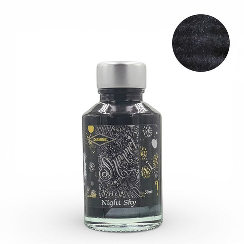 Diamine Shimmertastic Night Sky fountain pen ink, 50ml glass bottle, deep black with silvery shimmer, star-themed label, safe for vintage pens.