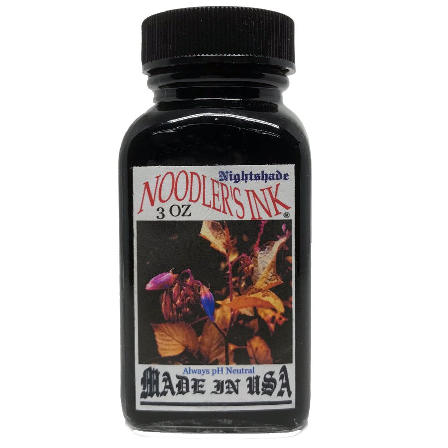 Noodler's Ink Nightshade - 88ml bottle, pH-neutral, made in USA, with a label highlighting its dye-based composition and suitability for various writing needs.