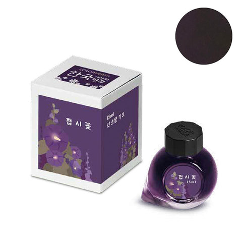 Project Ink No.068 Hollyhock - 2ml: purple fountain-pen ink bottle and box with floral artwork and Korean label, part of Korea Special Ink Wildflower Series.