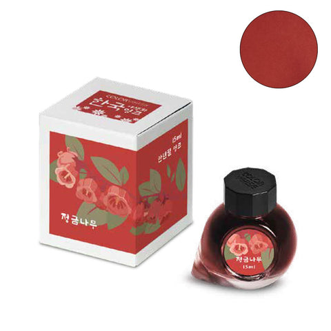 Boxed set featuring a 15ml glass bottle and carton of Project Ink No.068 Hollyhock, showcasing camellia art, Korean lettering, and deep red ink swatch.