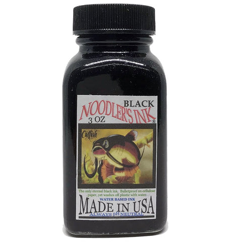 Noodler's Black - 88ml bottle with catfish-illustrated label, showcasing USA-made, pH-neutral, bulletproof fountain-pen ink.