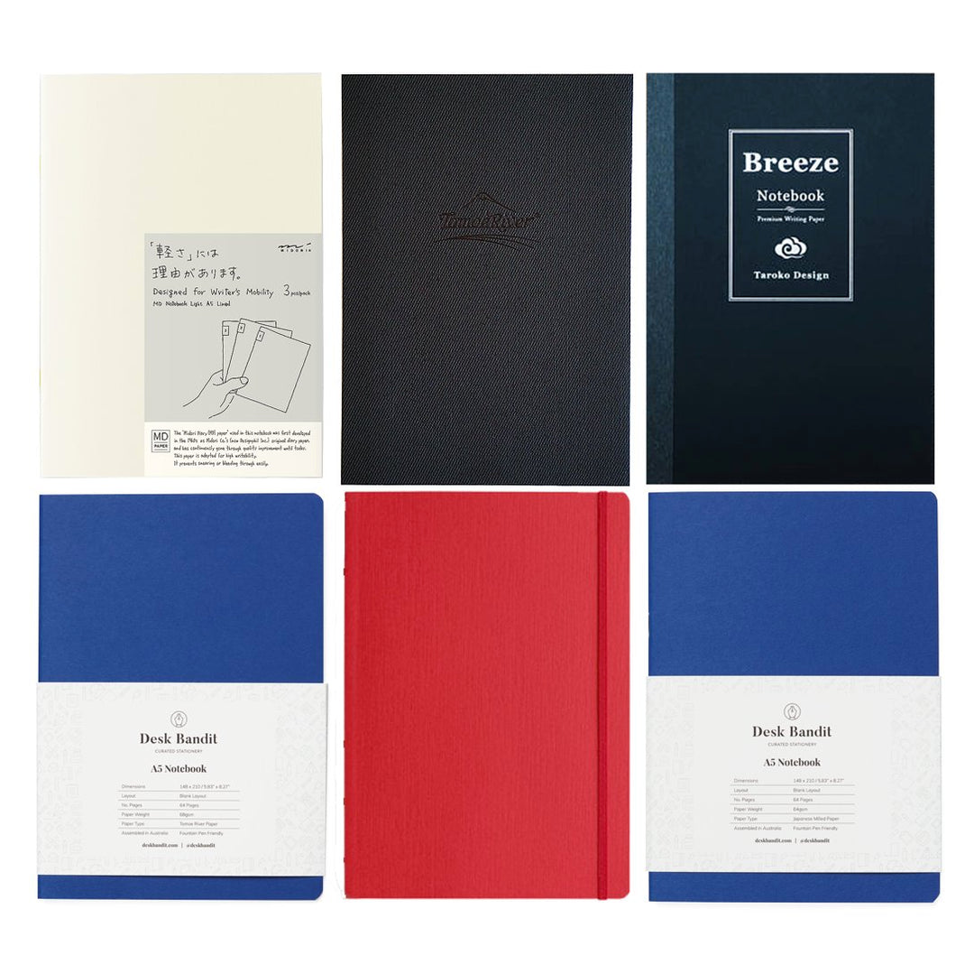 Notebooks Bundle of 8 (A5) featuring six displayed notebooks: MD Paper, Tomoe River, Taroko Design, Desk Bandit, and red hardcover, showcasing diverse paper types and designs.