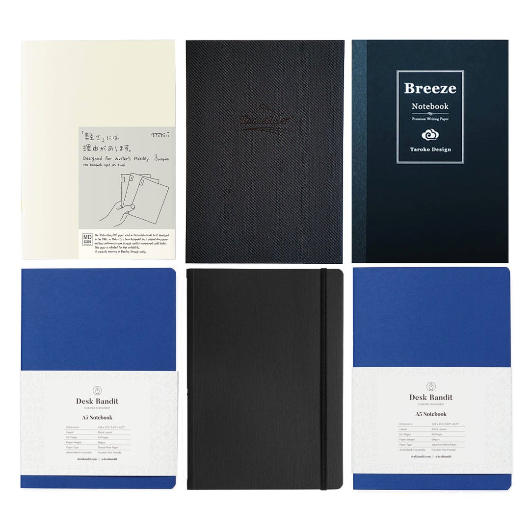 Notebooks Bundle of 8 (A5): A 2x3 grid displays six A5 notebooks, showcasing various covers and textures, highlighting Midori, Traveler’s Company, Taroko, and Desk Bandit brands.