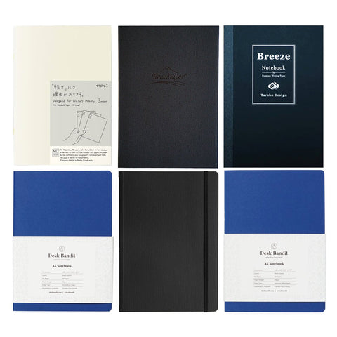 Notebooks Bundle of 8 (A5): A 2x3 grid displays six A5 notebooks, showcasing various covers and textures, highlighting Midori, Traveler’s Company, Taroko, and Desk Bandit brands.