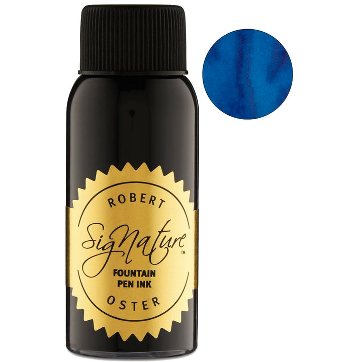 Robert Oster Ocean - 2ml ink sample in a small black bottle with a gold label, next to a medium-blue circular ink swatch.