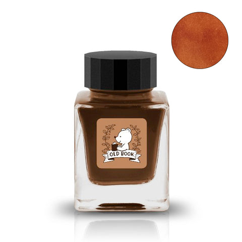 Old Book - 30ml: A square glass bottle of terracotta-brown fountain-pen ink, featuring a white bear reading a book on the label.