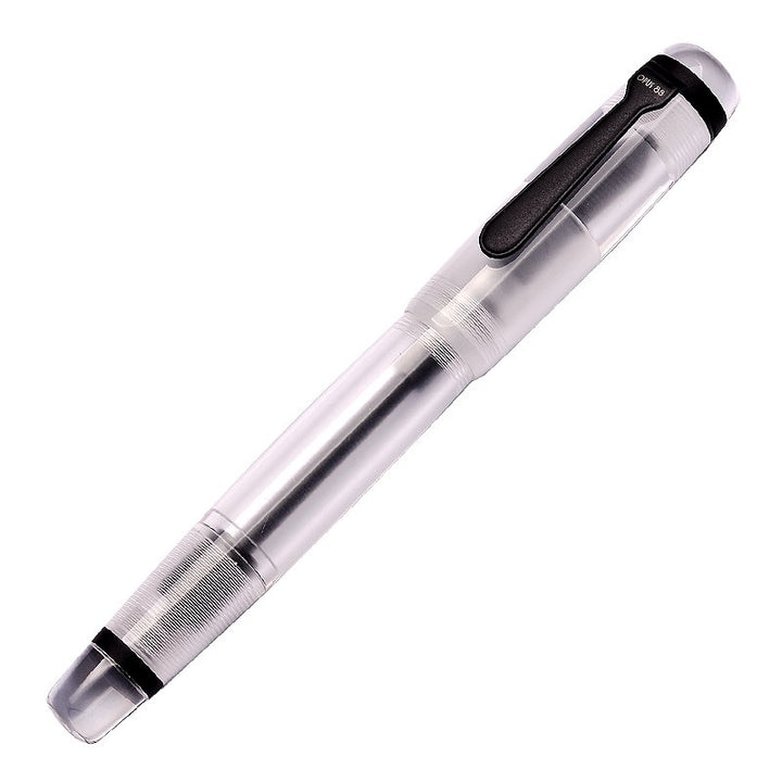 Omar (Demonstrator/Clear) - 1.5mm fountain pen with visible ink reservoir, black clip on cap, acrylic body, includes eyedropper tool for filling.