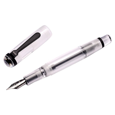 OPUS 88 OMAR Demonstrator fountain pen, uncapped, clear acrylic body, visible broad #6 JoWo nib, includes matching cap with black clip, showcases ink.