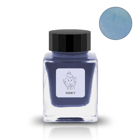 On Time Delivery 納期厳守 - 30ml ink bottle with a black cap, featuring a cartoon figure and kanji on the label; steel-blue color swatch displayed.