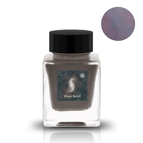 Oort Swirl - 30ml fountain pen ink by Tono & Lims, in a glass bottle with black cap, features a muted purplish-brown hue.