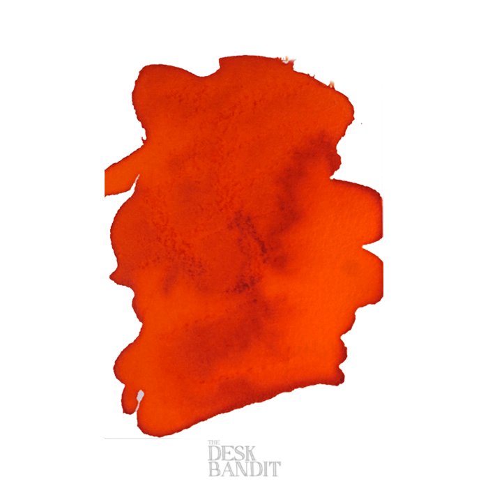 Abstract wash of bright red-orange watercolor on white background, highlighting Robert Oster's Orange - 2ml ink sample, with faint THE DESK BANDIT watermark at the bottom.