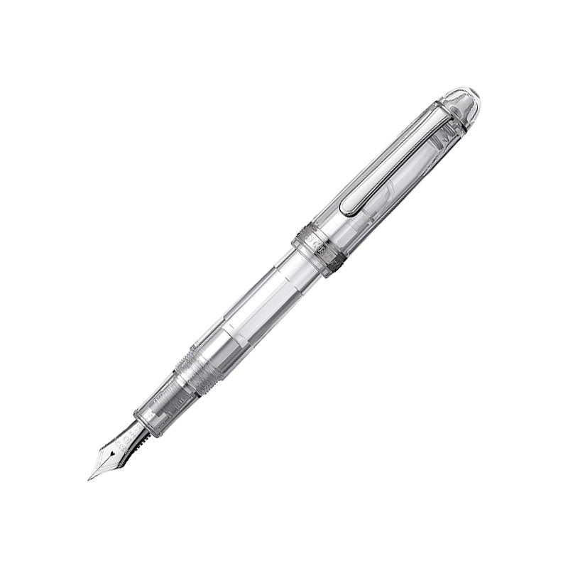 The #3776 Century Oshino - Fine features a transparent body, visible metal nib, and cap, with Mount Fuji motif and detailed cap ring etchings.