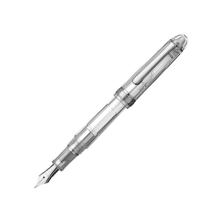 Platinum #3776 Century Oshino - Medium, a transparent fountain pen showcasing ink reservoir, Mount Fuji motif on finial, and three-dimensional cap ring etchings.
