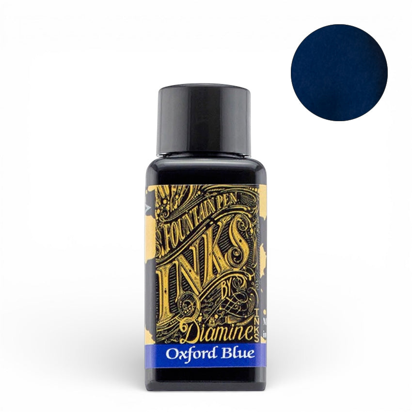 Diamine Oxford Blue fountain pen ink, 2ml sample bottle, showcasing deep blue shade. Crafted in England, vegan-friendly, suitable for vintage pens.