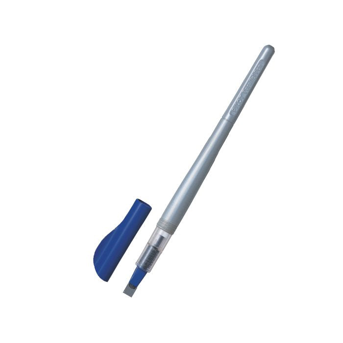 Pilot Parallel 6.0mm calligraphy pen with silver barrel, blue cap off, revealing a flat, chisel-shaped nib for varied stroke widths.