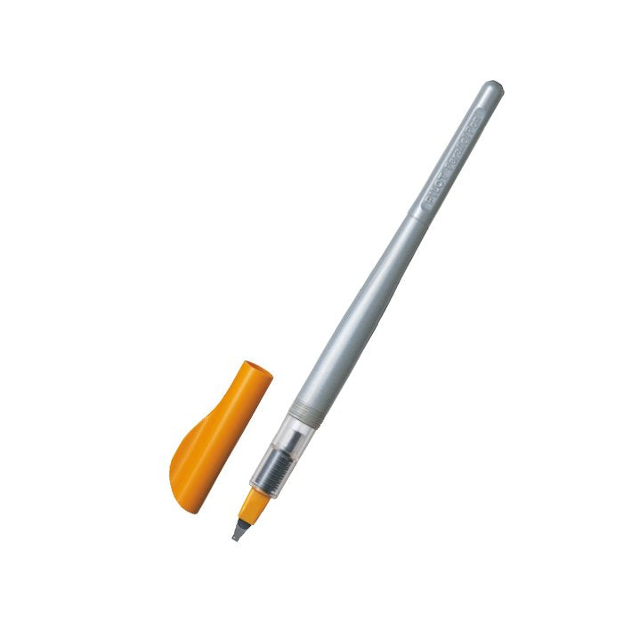 Pilot Parallel 2.4mm calligraphy pen with silver barrel, translucent nib section, and orange cap, designed for dip-style or cartridge ink writing.