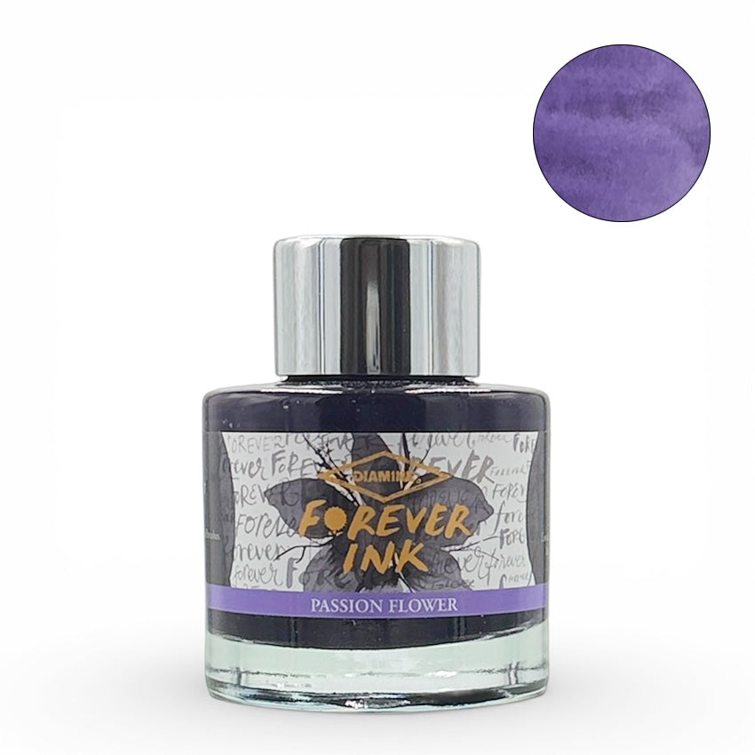 Diamine Passion Flower 50ml Forever Ink in a glass bottle with a silver cap; deep violet-purple, permanent, waterproof, ideal for fountain pens and artwork.