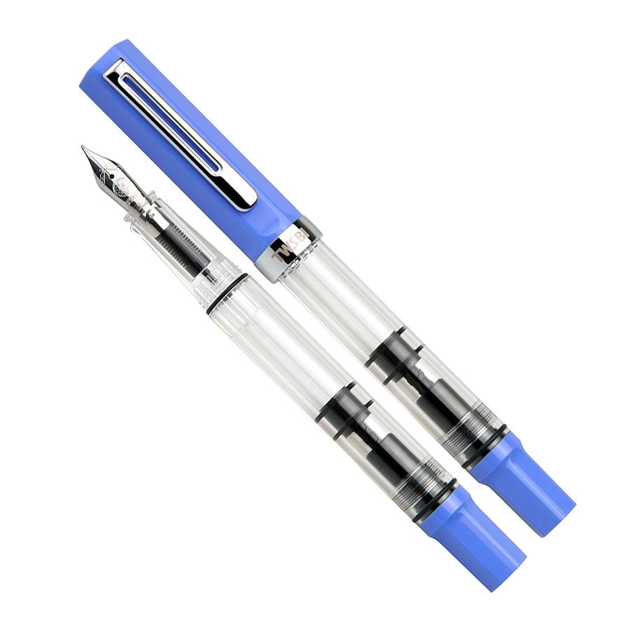 ECO (Pastel Blue) - Extra Fine fountain pen, capped and uncapped, features a clear barrel showing ink reservoir and piston mechanism, with pastel blue cap and end piece.