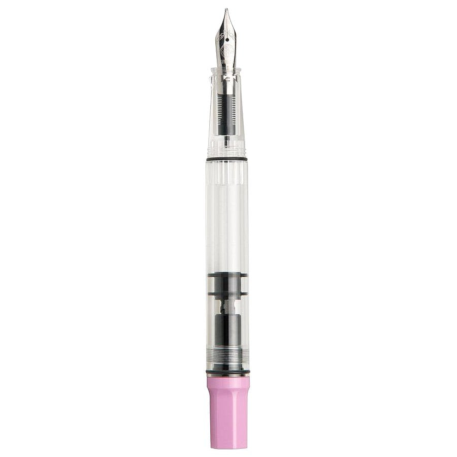 ECO (Pastel Pink) - Extra Fine fountain pen with transparent barrel revealing piston fill mechanism, silver nib, and pink blind cap.