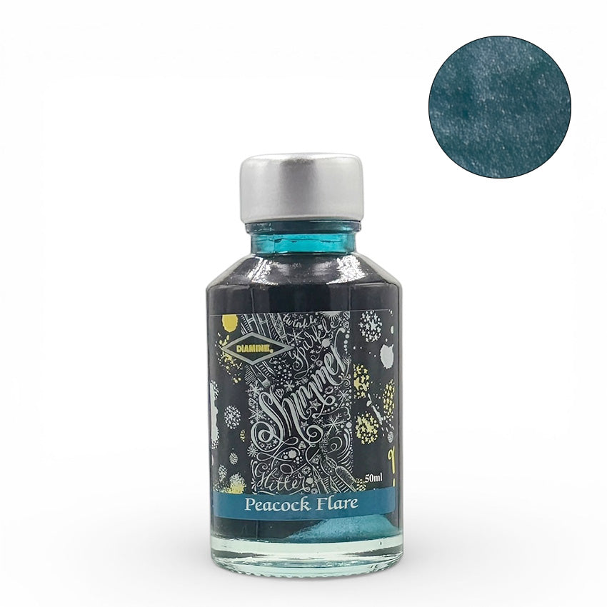 Diamine Peacock Flare (Shimmer) - 50ml fountain pen ink, teal-blue with metallic shimmer, vegan-friendly and safe for vintage pens. Made in England.