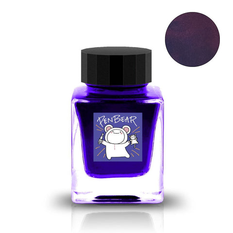 PenBear Fountain Pen Ink, 30ml, in a square glass bottle featuring a cartoon bear logo and violet-purple ink swatch, from Tono & Lims' Friendship series.