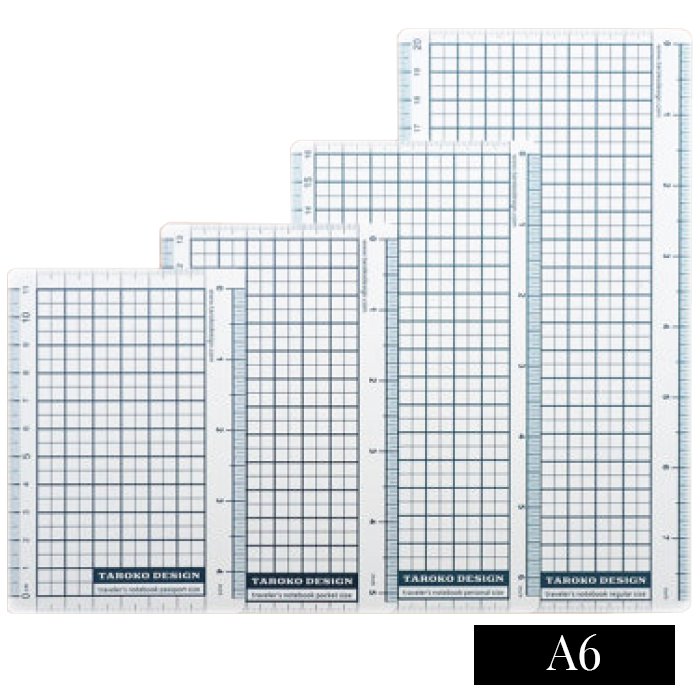 Pencil Board - A6: Four clear, ruled-grid overlays with 5 mm grids, centimeter scales, and an A6 label, serving as book markers and rulers.