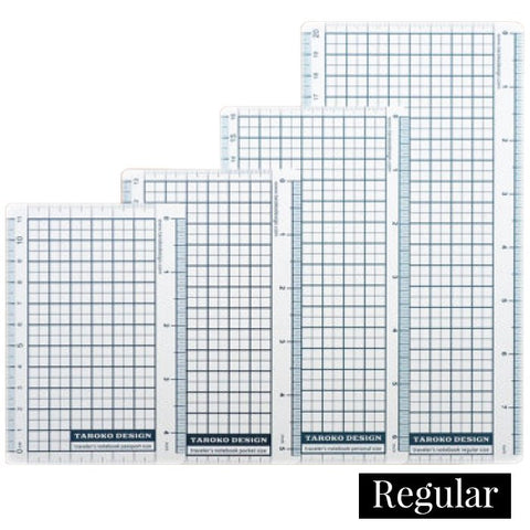 Pencil Board - Regular: Five transparent grid-rulers by Taroko Design, each with a centimeter scale and grid pattern, arranged from smallest to largest, featuring Regular style.