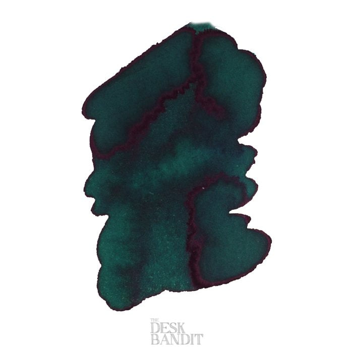 Robert Oster Peppermint ink swatch shows deep teal with a purple sheen, from Desk Bandit blog. Sample size: 2ml, dye-based.