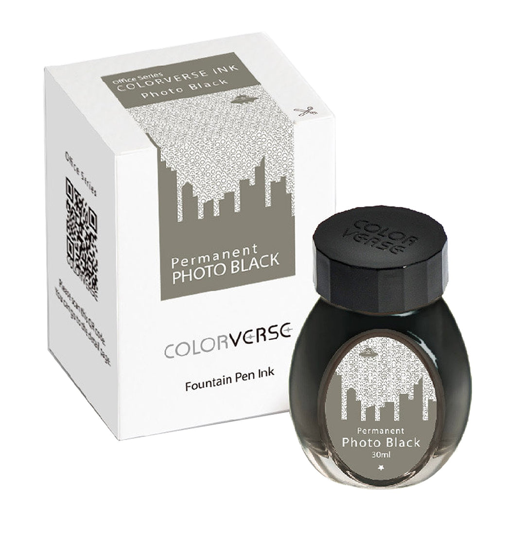30ml bottle of Colorverse “Permanent Photo Black” fountain-pen ink with city-skyline label, next to its matching packaging box, part of the Office Series.