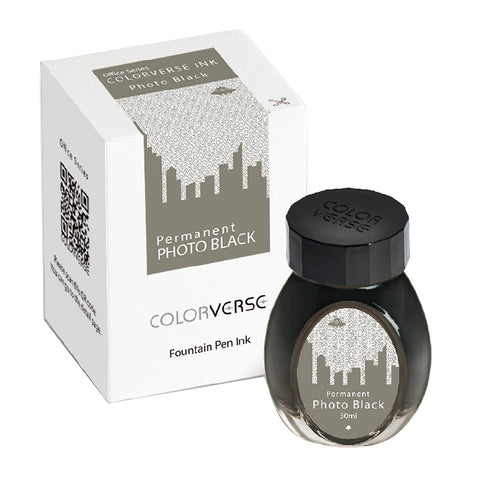 30ml bottle of Colorverse “Permanent Photo Black” fountain-pen ink with city-skyline label, next to its matching packaging box, part of the Office Series.
