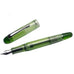 Translucent green OPUS 88 Picnic fountain pen with metal nib exposed, cap aside. Ebonite and resin body reveals ink, includes eyedropper for filling. Medium #5 JoWo nib.