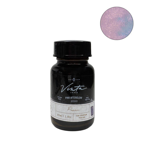 Vinta Inks Pink Afterglow (Pusan 2000) - 30ml fountain pen ink bottle with a shimmery pink, purple, and blue blend, showcasing its unique color swatch.