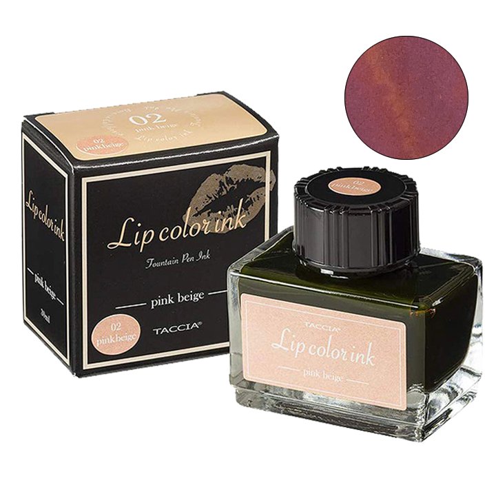 Taccia Pink Beige (Lip Color) - 30ml fountain-pen ink in a square glass bottle with matching carton, showcasing a pink-beige swatch in the upper-right corner.