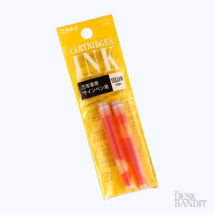 Ink Cartridges (2 pack) - Yellow shown on a yellow backing card, labeled for fountain pen use, compatible with Platinum pens.
