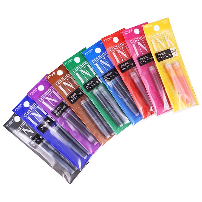 Ink Cartridges (2 pack) - Yellow, shown among various color-coded packs for Platinum pens, featuring two yellow dye-based refills per pack.