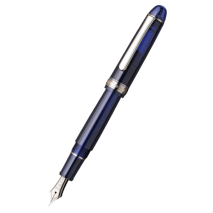 Blue #3776 Century fountain pen with silver trim, exposed 14k gold nib, clip, and decorative band, showcasing Platinum Japan's renowned craftsmanship and innovative sealing mechanism.