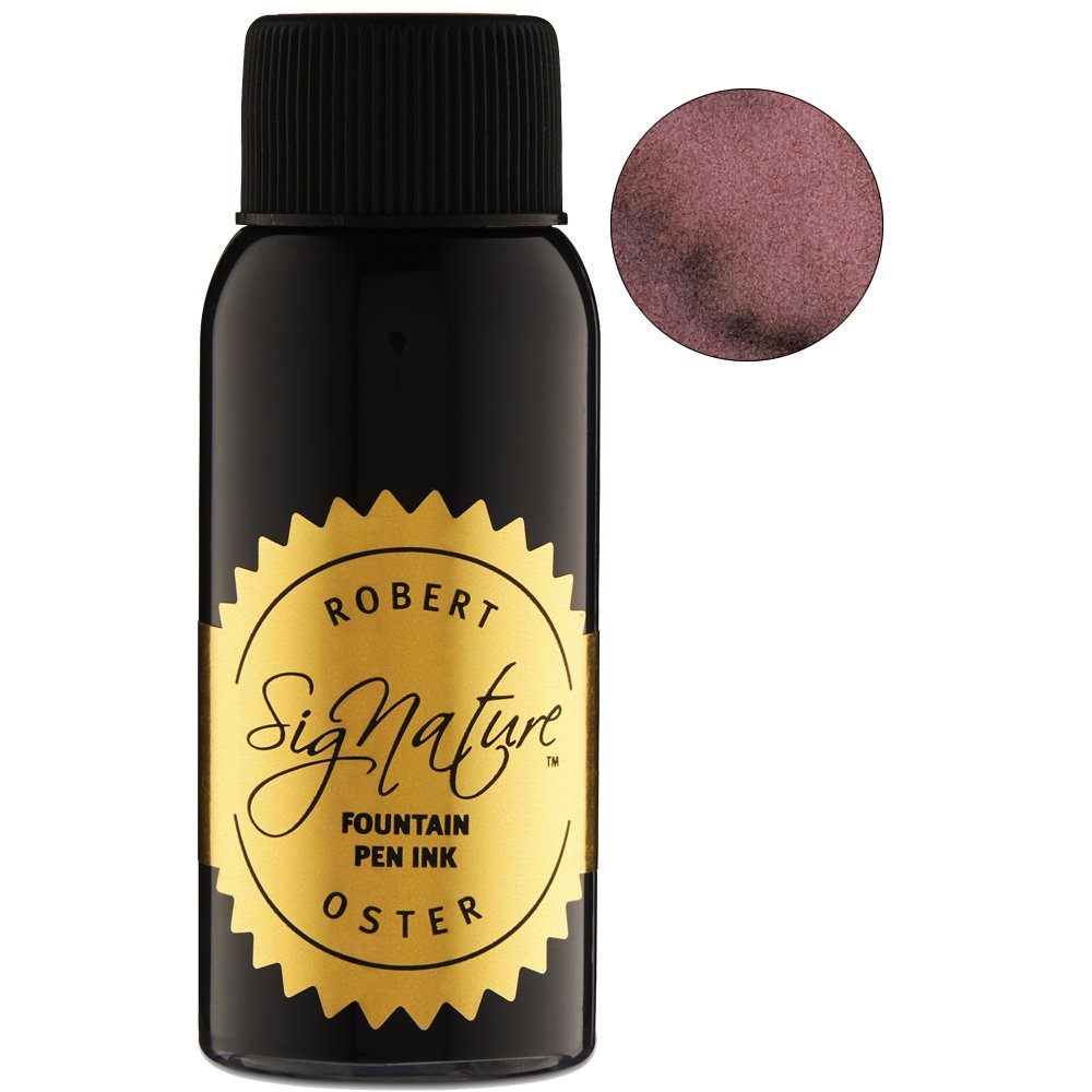 Robert Oster Plumb Nut - 2ml ink sample, in a black bottle with gold label, shown with a round swatch of its muted rose/brown tone.