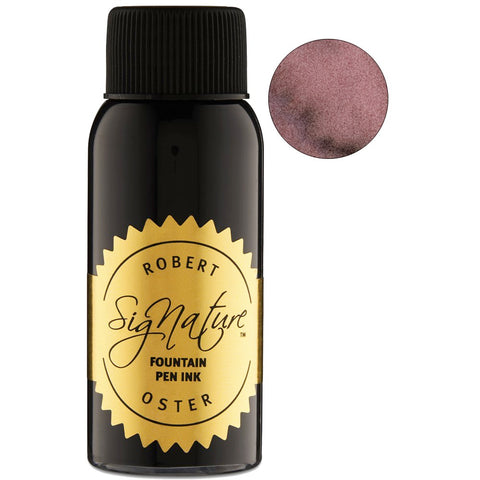 Robert Oster Signature Ink - Plumb Nut 50ml: Cylindrical black bottle with a gold label, showcasing a unique dusty rose ink swatch in the upper right corner.