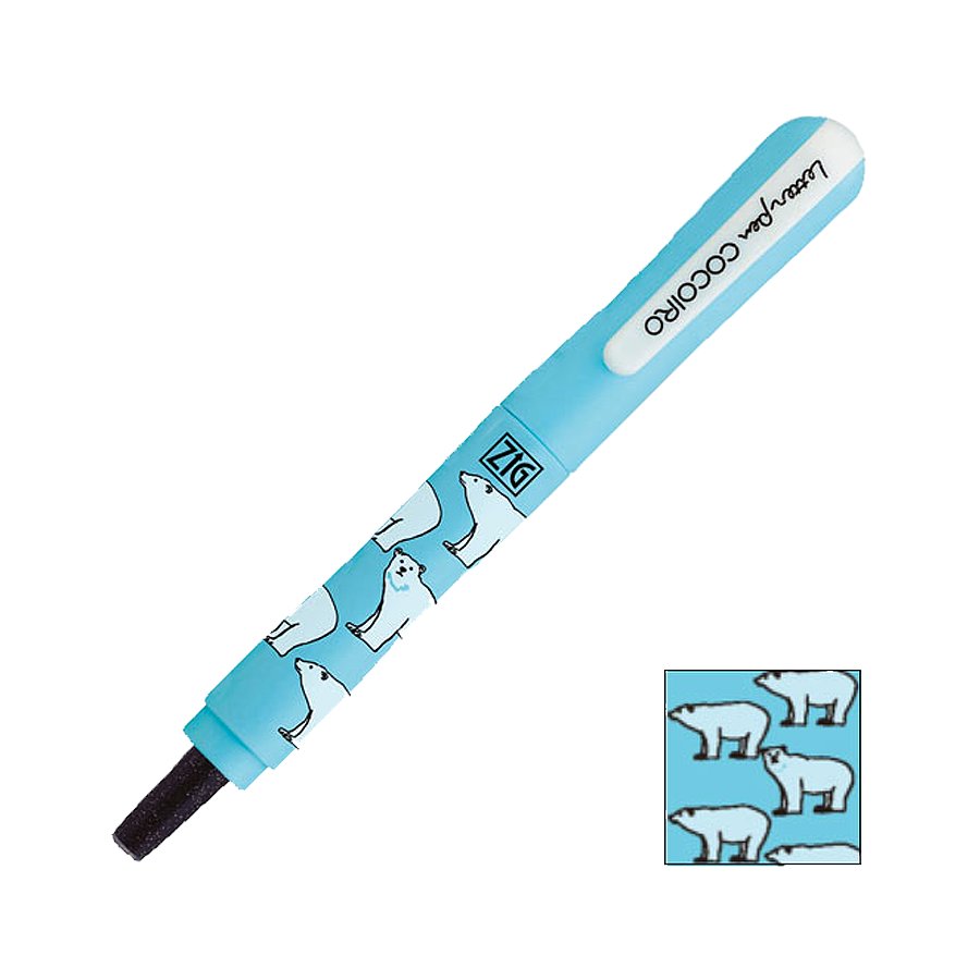 ZIG Letter pen COCOIRO - Polar Bear 1 - Black, featuring a light-blue barrel with polar bear prints and a flexible felt tip for varied line widths.