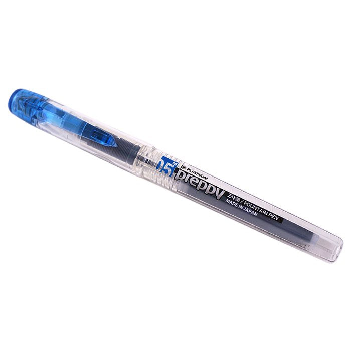 Platinum Preppy - Medium (Blue): Clear-bodied fountain pen with a blue cap and 0.5 mm nib, featuring a slip & seal mechanism to prevent ink drying.