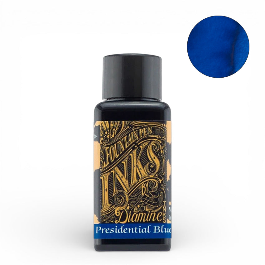 Diamine's Presidential Blue - 30ml bottled fountain pen ink, showcasing a rich blue swatch, ideal for vintage pens and writing enthusiasts.