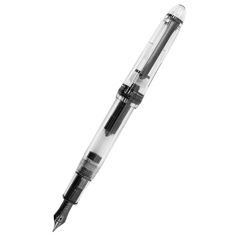 Nagasawa Original Profit Skeleton Proske - Broad fountain pen with clear barrel, revealing piston-filling mechanism and rhodium-plated 14K gold nib. Converter included.