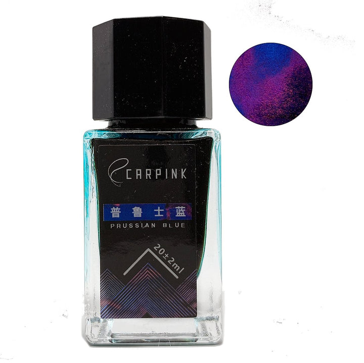 CARPINK Prussian Blue - 18ml fountain-pen ink in a square glass bottle, with a circular swatch showing deep blue-purple shimmer.