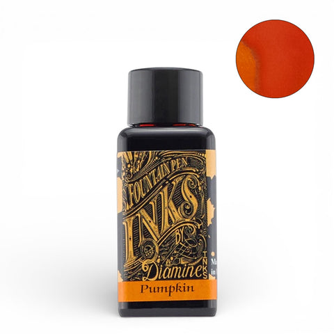 Diamine Pumpkin - 30ml fountain pen ink in a black glass bottle, showcasing a bright orange color swatch, offering rich color and smooth flow.