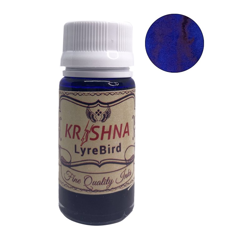 Krishna Lyrebird Blue Black ink, 2ml screw-top bottle, vibrant blue hue, labeled Fine Quality Inks by Dr. Sreekumar, handmade in Kerala, India.