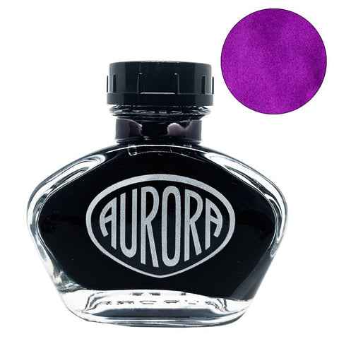 Aurora 100th Anniversary - Purple (55ml) glass ink bottle with black cap, showcasing vibrant purple fountain-pen ink.